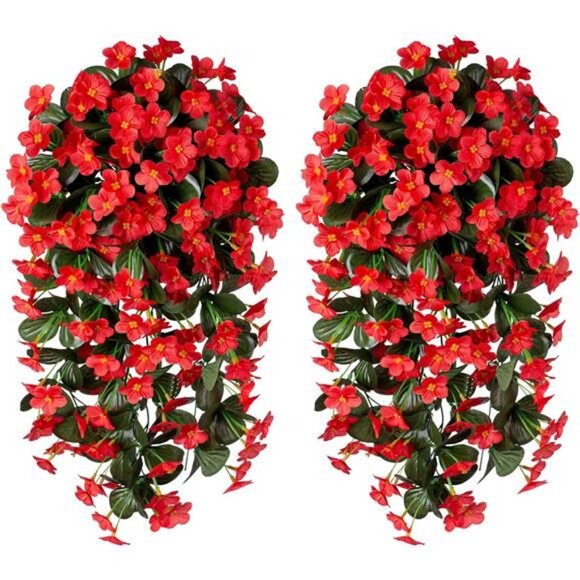 2 Artificial Fake Hanging Plants Flowers for Outdoor Outside Summer Spring Decor - Picture 1 of 8